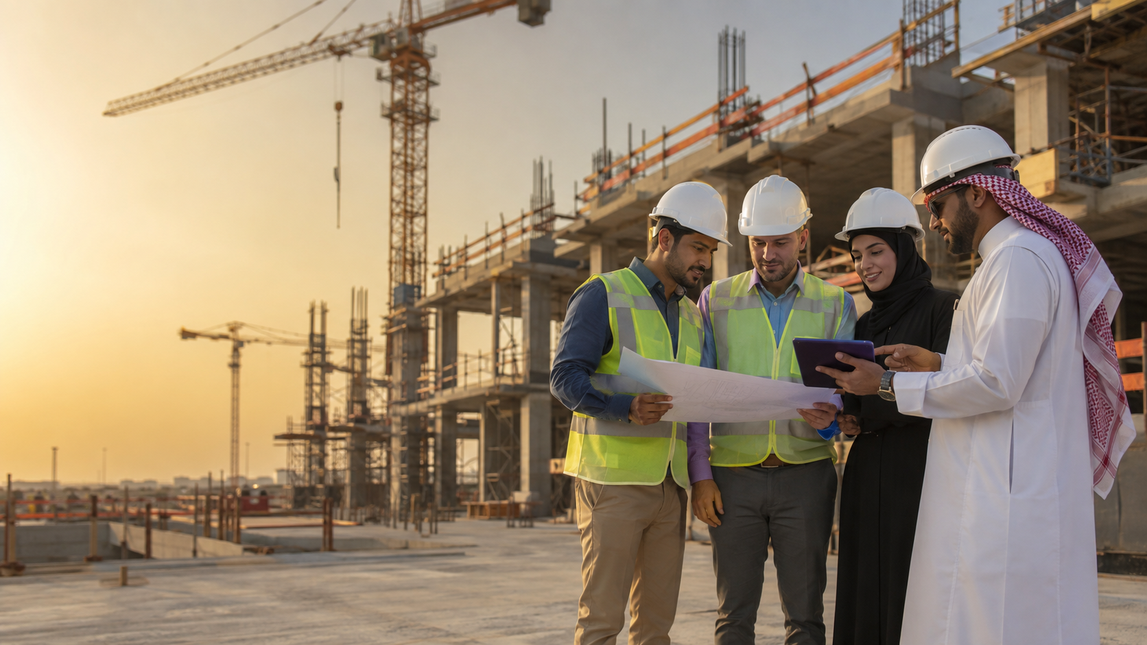 فريق هندسي يدير مشروع مقاولات في السعودية باستخدام نظام رقمي متكامل