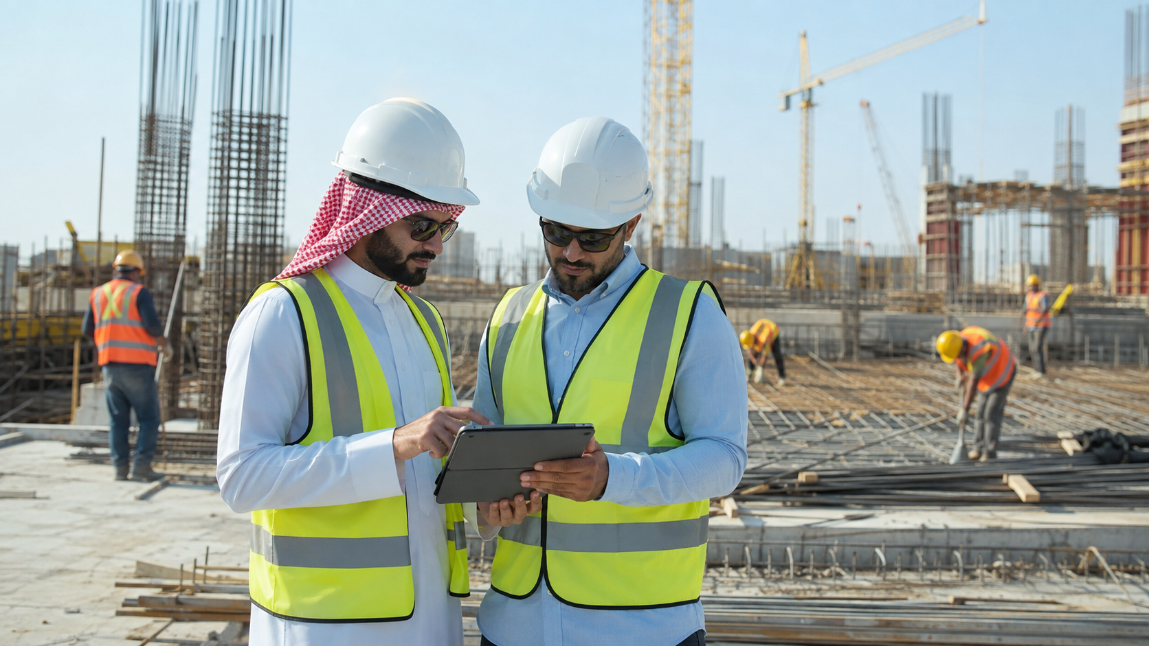 مدير مشروع ومهندس موقع يتابعان تنفيذ مشروع مقاولات عبر جهاز لوحي